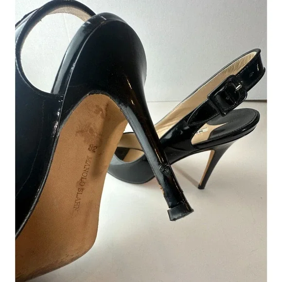 Manolo Blahnik Black Patent Leather Slingback Pump Peep Toe High Heels 38 US 8 - Picture 7 of 16
